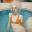 Placeholder: Egon schiele painting of a white hair grunge woman, with freckles, , in the swimming pool, orange, pink, turquoise, yellow colors