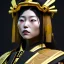 Placeholder: Japanese woman, rounded face, blood, black, gold, samurai helmet, decorative color feathers, retro, bamboo, leather, soft color, highly detailed, art stations, concept art, smooth, unreal engine 5, god rays, ray tracing, RTX, lumen lighting, ultra detail, volumetric lighting, 3d, finely drawn, high definition, high resolution.