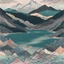 Placeholder: Intricate patterns on a mountains and lake landscape, sinister scribbles, pastel colors