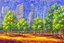 Placeholder: Futuristic buildings near tree zone, impressionism painting