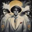 Placeholder: [art by Mil Mascaras] The canvas is filled with ghostly figures, elegantly dressed in 1920s attire, but their faces tell a different story. Each character is "costumed" in a way that reveals their true nature as spirits from the hotel's dark past. The masks they wear symbolize their hidden identities, their souls trapped in a perpetual masquerade. The main focus of the painting is Jack Torrance, who is depicted in the midst of the spectral celebration. His expression is a mix of fascination and