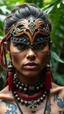 Placeholder: ultra HD shot of a strong young woman with eye mask Mayan features, tribal tattoos, textured copper skin, tribal jewelry, large, Background of the figure in a jungle environment.