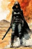 Placeholder: create an ink wash and watercolor, fine art print full body illustration of a rugged gritty, roughly textured, hooded, black clad and dusty Fremen female mercenary with highly detailed feminine facial features, amidst the billowing desert storms of Arrakis, in the comic book art style of Bill Sienkiewicz, and Jean Giraud Moebius, finely textured, drawn, colored, and inked,