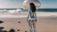 Placeholder: Wide-angle shot of a woman, standing on the right of a beach with huge waves, with dark hair in a silver robotic catsuit, many large Chrysaora quinquecirrha jellyfish floating high up in the air, masterpiece, best quality, super detailed