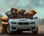 Placeholder: little boy and big teddy bears on moon. drifting in old bmw. oil on canvas