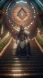 Placeholder: close up portrait of a happy blessed ancient magical king soldier standing on a throne in a space alien mega structure with stairs and bridges woven into a sacred geometry knitted tapestry in the middle of lush magic forest, bokeh like f/0.8, tilt-shift lens 8k, high detail, smooth render, down-light, unreal engine, prize winning