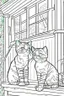 Placeholder: coloring page for kids, Cats on the porch, cartoon style, thick lines, low detail, no shading