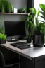 Placeholder: Office Black desk with pc with plants