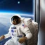 Placeholder: hyper-realistic astronaut in space surprised to see a cat inside spaceship window, 8k resolution, high-quality, fine-detail, detailed matte, intricate, 3D octane render, illustration, digital art, brian froud, howard lyon, anna dittman, greg rutowski,