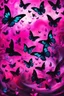 Placeholder: vibrant psychedelic oil painting image, airbrush, 64k, cartoon art image of background HOT PINK and BLACK BUTTERFLIES with music notes , futurism style