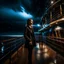 Placeholder: The camera captures from front ,1girl official clothing standing on deck of a luxury huge ship with several floors looking at camera in night on stormy ocean. The dynamic lighting in the stormy sky.