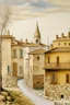 Placeholder: A tan stone nation with block shaped buildings painted by Maurice Utrillo