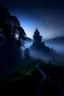 Placeholder: A medieval town in the middle of a dark forest. Fog covers the land. In the distance, an old, abandoned keep glows with a blue light