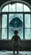Placeholder: A baby standing in front of a big window in an abandoned damaged room, behind the window a face of an scary ugly hooded creature