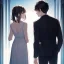 Placeholder: anime couple with day on one side night on the other, stormy night on one half, sunny day on the other half,ballancing scale, couple is standing back to back, girl in white dress, man in black suit