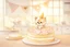 Placeholder: birthday cake, chibi dog in a beautiful kitchen, heart and love in the sunshine, watercolor and black ink outlines, sparkling golden glitter, ethereal, cinematic postprocessing, bokeh, dof