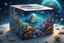 Placeholder: hyperrealistic, 4k, box for storing things with beautiful drawings a lot of colours, very detailed, subnautica, pyramid in the middle, sea plants, seal leviathan, few planets, space, galaxies,