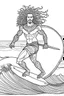 Placeholder: Outline art for coloring page OF A BUFF NATIVE SURFER WITH BIG CURLY KINKY HAIR WEARING SHORTS RIDING A SURFBOARD ON A WAVE, coloring page, white background, Sketch style, only use outline, clean line art, white background, no shadows, no shading, no color, clear