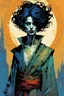 Placeholder: create a wildly imaginative full body portrait of an ethereal, otherworldly , gnarled and emaciated ancient antediluvian female vampire sorceress with extremely short hair in ragged , decayed ornate robes , in the comic book art style of Bill Sienkiewicz, Mike Mignola, and Jean Giraud Moebius, with highly detailed feminine facial features , finely drawn, colored and inked,