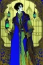 Placeholder: Young male alchemist with blue eyes, wearing long robes, holding a potion flask in the style of Harry Clarke