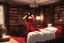 Placeholder: Vampirella in a bedroom with wooden furniture, bookcases and opulence