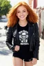Placeholder: Debby Ryan, smiling, Heavy Metal t-shirt, Black Leather biker's jacket, midday, bright sunlight, extremely colorful. Big, fluffy hair, Debby Ryan has Auburn Red hair, green eyes, She is extremely well built.....Well endowed.
