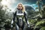 Placeholder: wide-angle Photo of a Sci-fi woman, with blond hair, wearing a silver and black spacesuit looking like an android, on an alien jungle planet