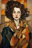 Placeholder: Woman in the cubism style of argon Schiele + Gustav Klimt. Rich, lovely colors, full cubism style