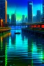 Placeholder: a large river in a modern city world, large buildings, cyberpunk style