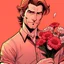 Placeholder: buff handsome man with shoulder-length auburn hair, stubble, and red eyes, wearing a pink shirt, holding flowers. comic book style