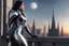 Placeholder: A slim Woman With Black shoulder length hair, Wearing a silver and black android-looking suit, standing sideways On a ledge of a building, with a moon Behind Her Head, towering spires and buildings highlighted by the setting sun