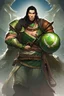 Placeholder: realistic male barbarian in green armor with long black hair holding a spiked mace ball weapon in a swamp background