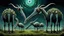 Placeholder: A dark fantasy, scifi theme, from four herd of gentle herbivorous creatures with long necks, one large central eye, Each creature has ONE SINGLE EYE ONLY, one large eye positioned exactly in the center of the face, no second eye, no extra eyes. and two little ears on head and small separate herbivore mouth , no teeth or fangs , rounded bodies dark gray-green skin, standing in a misty landscape with deep colors and many plants,. Curious, slightly uncanny expressions, photorealistic, cinematic