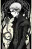 Placeholder: black haired young man necromancer wizard with gothic jewelry and tentacle fingers in the style of Harry Clarke