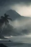 Placeholder: Creat a cost of an island filled with palms tree with a mountain in the background and a thunderstorms and rain and foggy clouds and high waves, cinematic, 8k, high quality photo , thine line draw texture and dim sun light behind the clouds