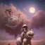 Placeholder: 1yo little boy is on safari on the moon. riding a pink dinosaur. he has big and a funny hat. High detailed. Cinematic. oil on canvas painting. Warm lights. beksinski