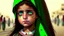 Placeholder: A girl wearing a Palestinian dress with tears in her eyes Her eye color is green Its color is brown Carrying the Palestinian flag