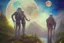 Placeholder: illustration concept art water color style for teenagers in other planet watching the moon and mountains having adventure two teenagers are walking mystery weird cretures mushrooms journey