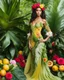 Placeholder: 📷🍓💃 length image full body sweet pose pretty woman wearing a beautiful high details natural beuty color unique gown costume made of elements varieties tropical fruits pineapple,bananas,full background green leaves and variaties roses,orchids flowers background