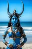 Placeholder: A photo of a blue skin Hindu goddess with painted blue face and body skin, wavy black hair deer antler horns, standing on a sunny beach