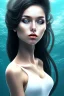 Placeholder: black long hair lady with white top in the ocean