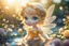 Placeholder: double exposure, only dots, golden glitter and pebbles, cute chibi anime rose fairy, fountain, garden, forget me nots and roses in sunshine, backlit, ethereal, cinematic postprocessing, bokeh, dof