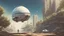 Placeholder: Small, sleek cargo spaceship, built like a teardrop, landing in an empty ruined alien street, blue sky, foliage
