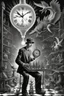 Placeholder: news paper journalist horror harlequin playing burning chess geese dinosaur reptiles in very bright light bulb factory on the docks with twisted ladders with the most a confused look on his face in front of a huge glass prism clock with angels, in the style of Escher and Giger