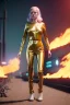 Placeholder: retro sci-fi portrait image from 1980, supermarket explosions, fire, people running, sweet young blonde woman walking, tight latex suit, soft color, highly detailed, unreal engine 5, ray tracing, RTX, lumen lighting, ultra detail, volumetric lighting, 3d, finely drawn, high definition, high resolution.