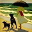 Placeholder: A young woman with an umbrella walks with a dog on the beach, 19th century, in the style of Joaquin Sorolla, light and color,