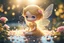 Placeholder: double exposure, only dots, golden glitter and pebbles, cute chibi anime rose fairy, fountain, garden, forget me nots and roses in sunshine, backlit, ethereal, cinematic postprocessing, bokeh, dof