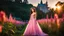 Placeholder: A gorgeous smiling Asian model in a fairy outfit in a field of flowers at sunset a crystal castle at background