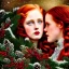 Placeholder: young Deborah Ann Woll and teen Robyn Lively, beautiful faces, meticulously detailed red hair; forest, snow, ethereal fantasy maximalist matte painting. Hues of Christmas. realistic. Victorian era, snowflakes, holly, pinecones, old fashioned, vintage, antique, beautiful, renaissance, 16k