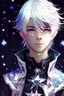 Placeholder: young anime boy, symmetrical eyes with white hair and stars on his fantasy styled clothes, enchanting and alluring, tetsuya nomura